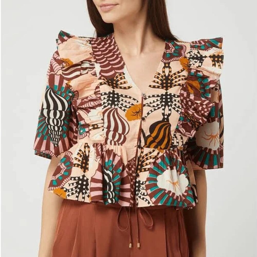 Scotch & Soda Sun Ray Short Sleeve V-Neck Peplum Crop Blouse Multi Womens Size S